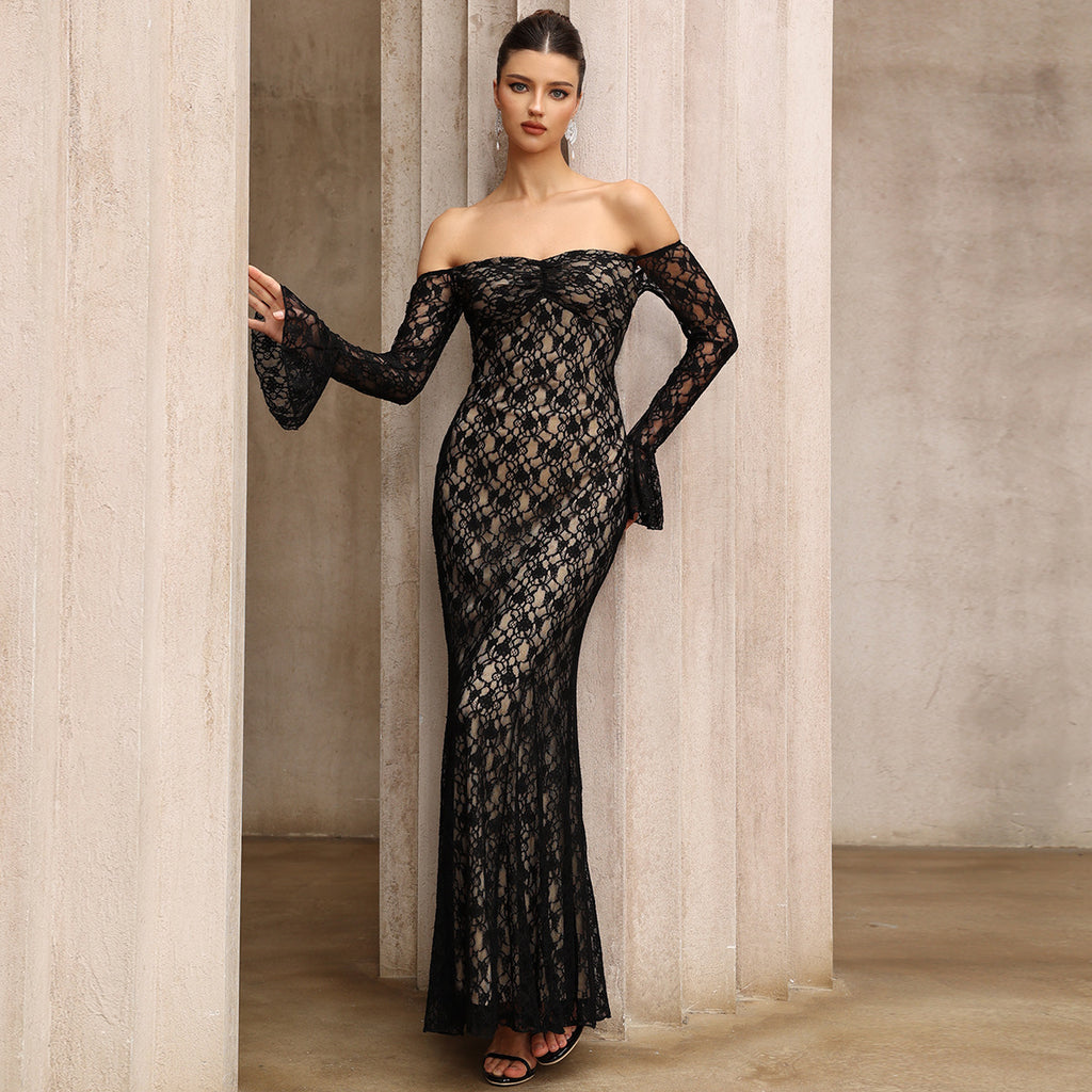 Robe de soirée mi-longue en dentelle, épaules dénudées, coupe ajustée, manches longues, style français