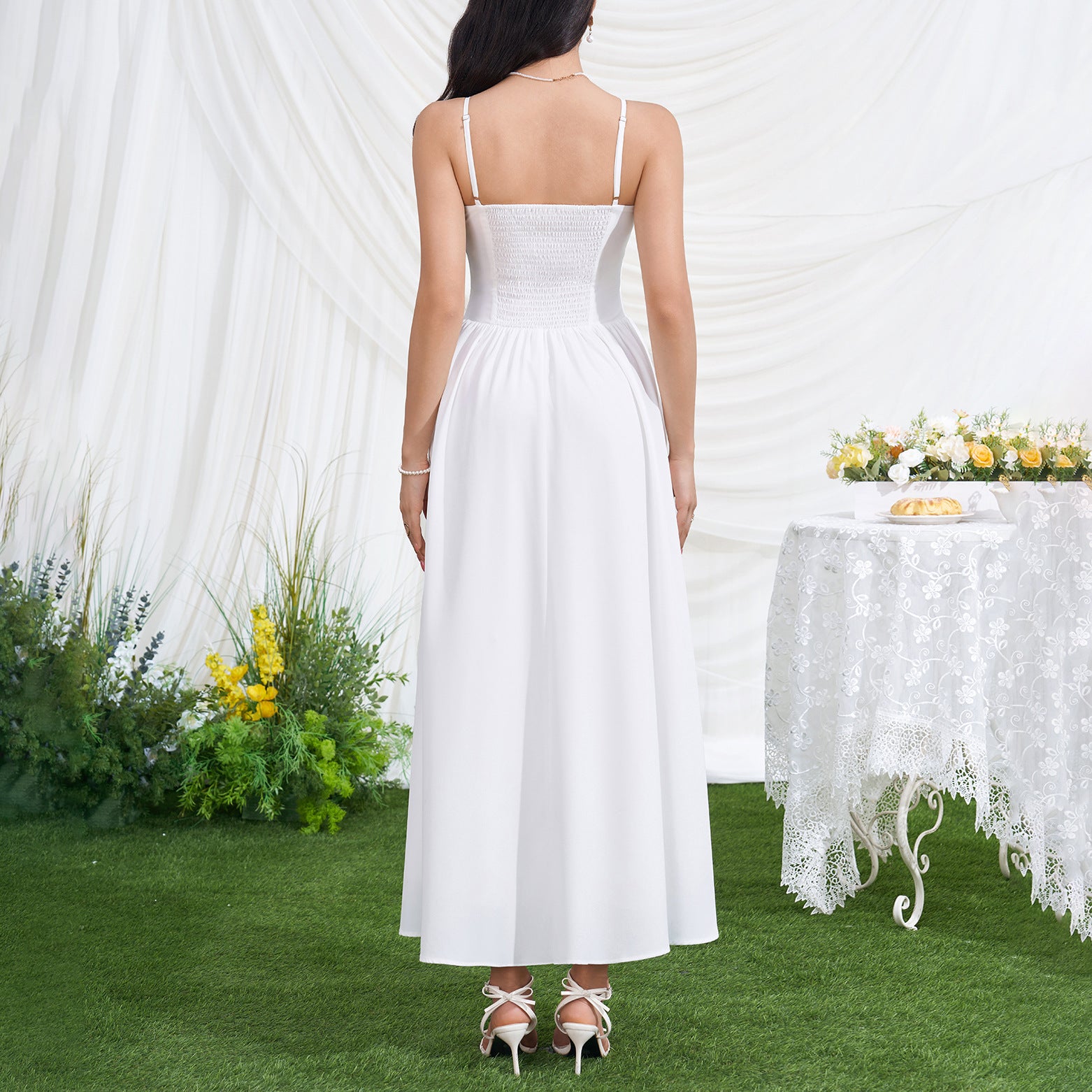 Women Sexy V neck Backless Waist Trimming Slimming Smocking Dress