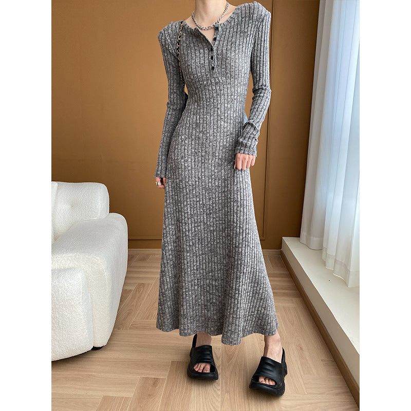 French Sunken Stripe Padded Shoulder Slimming Knitted Dress Early Spring