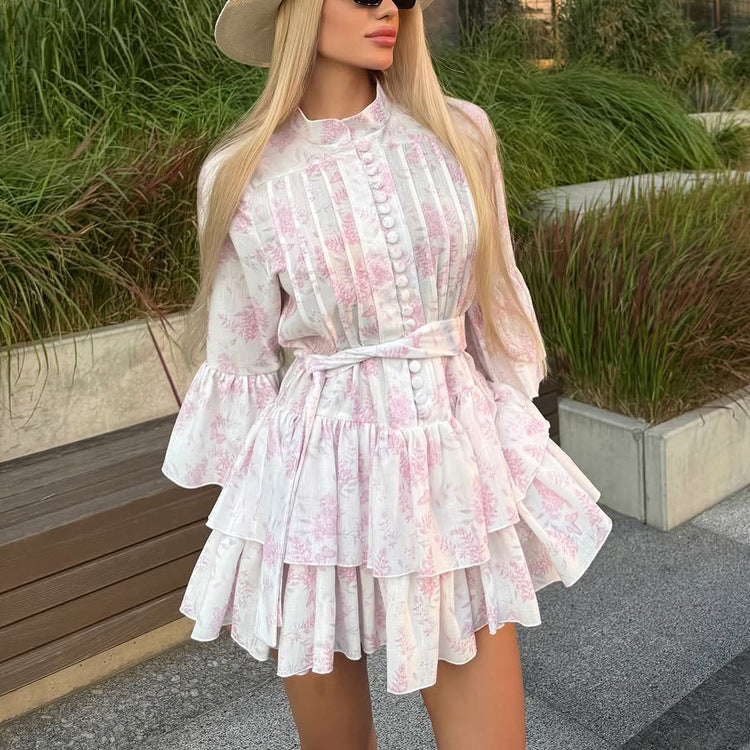 Vestido elegante con estampado francés corto para mujer, cuello alto, mangas acampanadas, botonadura sencilla, encaje, corte A