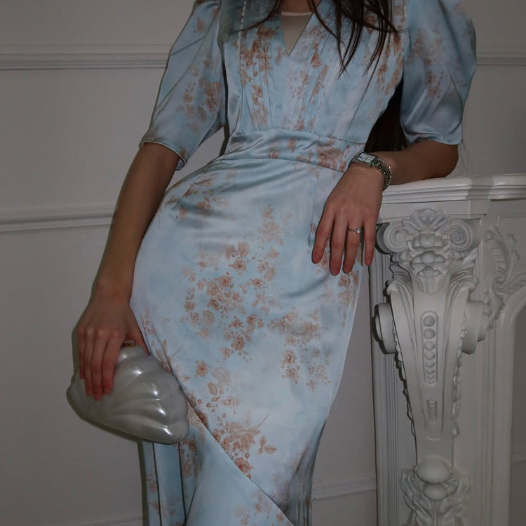 Digital Printing High Grade French Dress Women Arrival V neck Pleated Puff Sleeve High Waist Sheath Dress