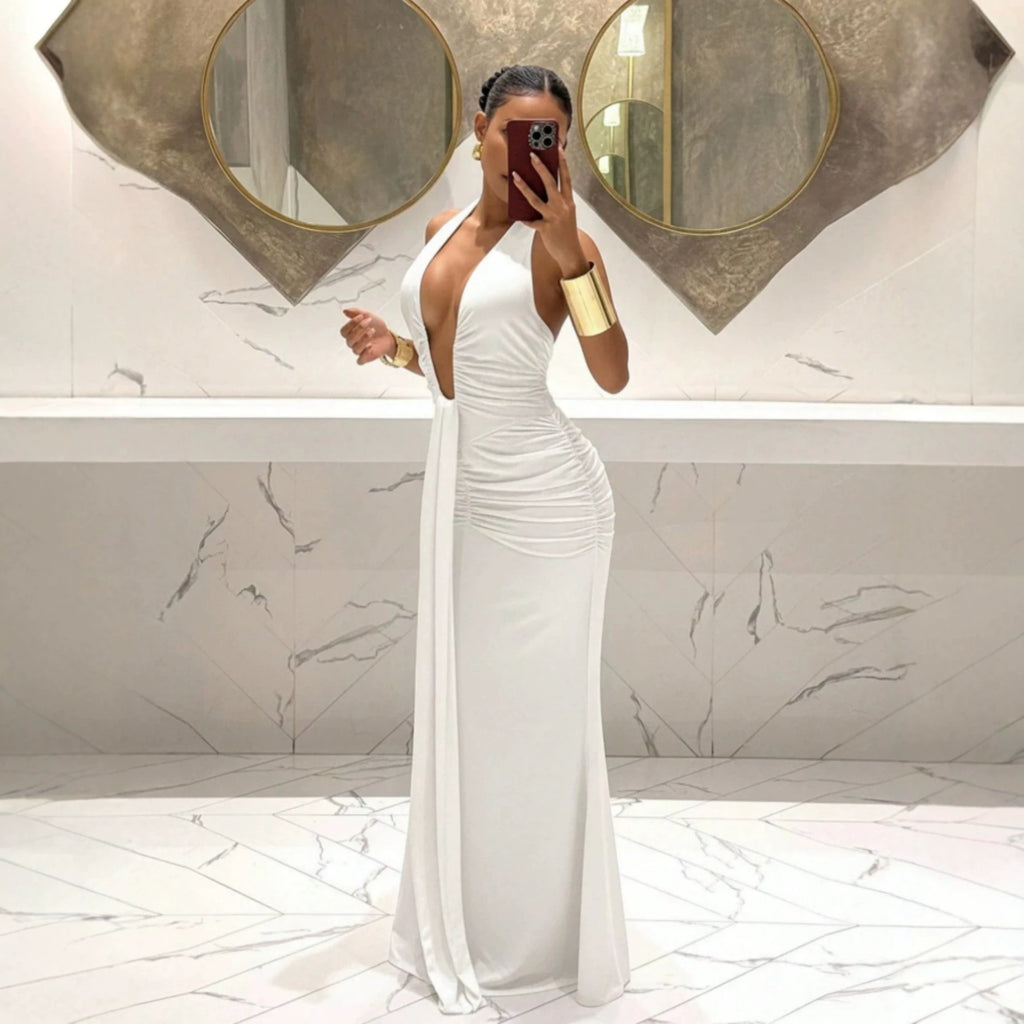 Women Halter Deep V Plunge Pleated Slim Fit Mopping Dress Slimming Sheath Fishtail Dress