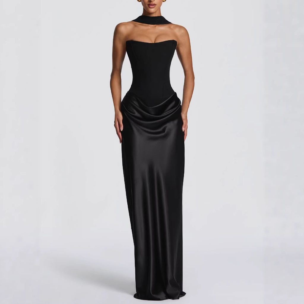 Robe longue sexy tube unie, ajustée à la taille, avec hanches gainées, en satin et lacets.