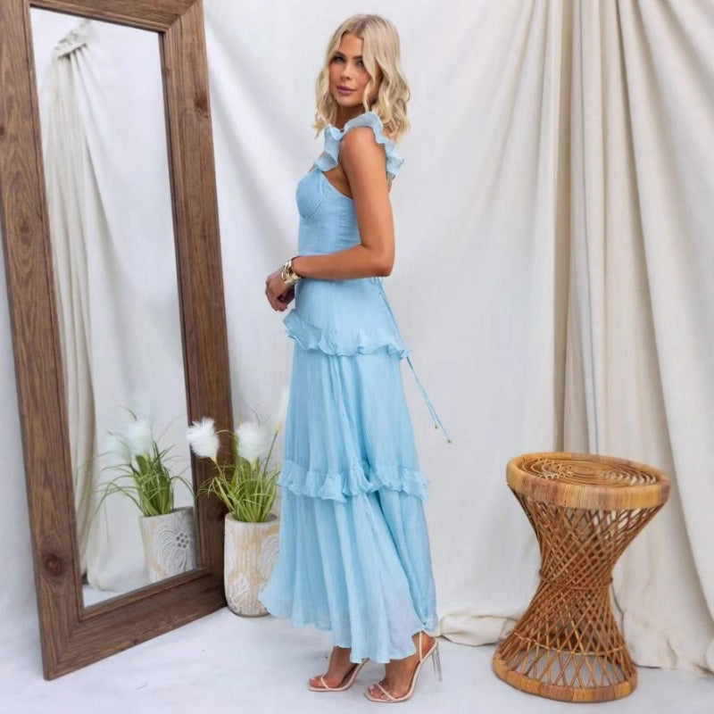 Vestido elegante con volantes de color liso para mujer de verano