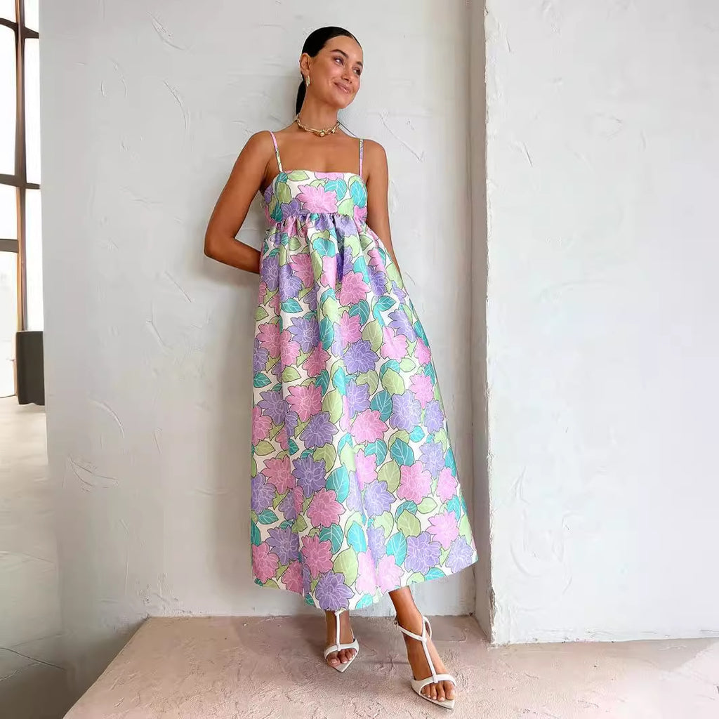Robe ample imprimée décontractée et élégante à bretelles, dos nu et grande ampleur