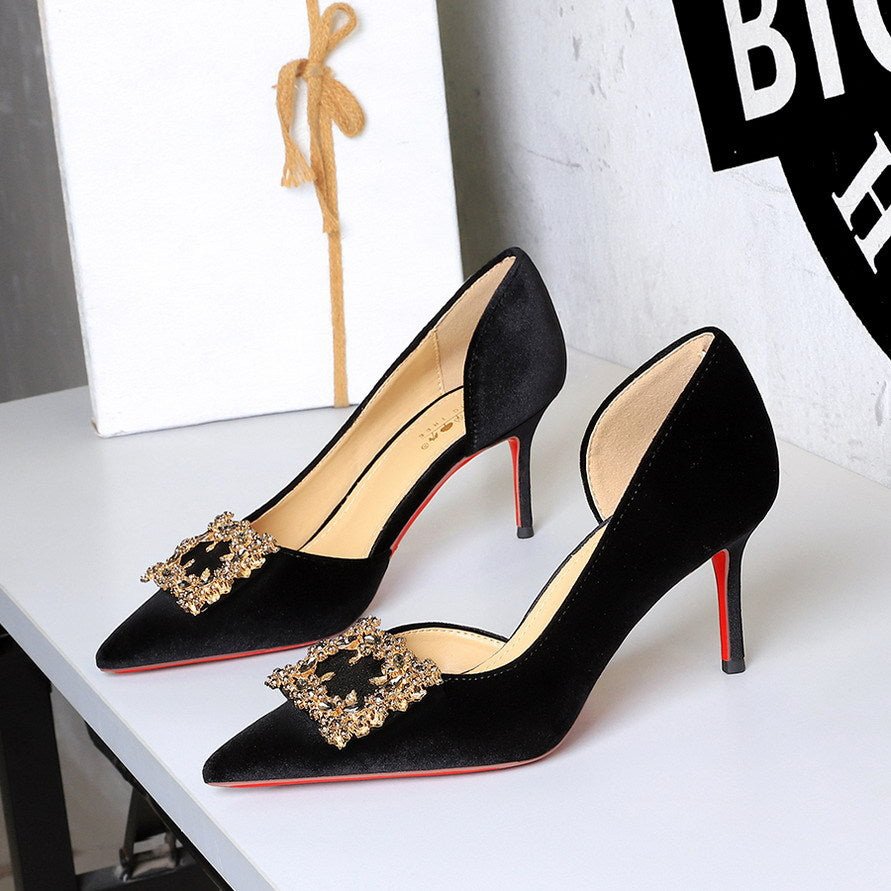 Women Super High Heel Sexy Pointed Toe Rhinestone Square Buckle Stiletto Women Shoes