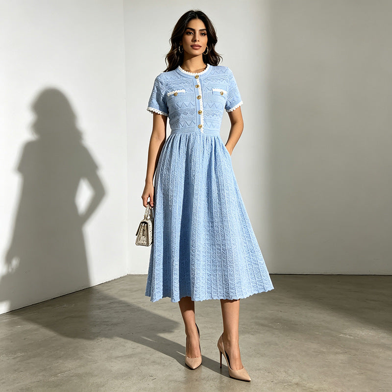 Maxi Dress Summer Elegant Socialite Retro Cinched Slimming Short Sleeves Knitted Dress for Women