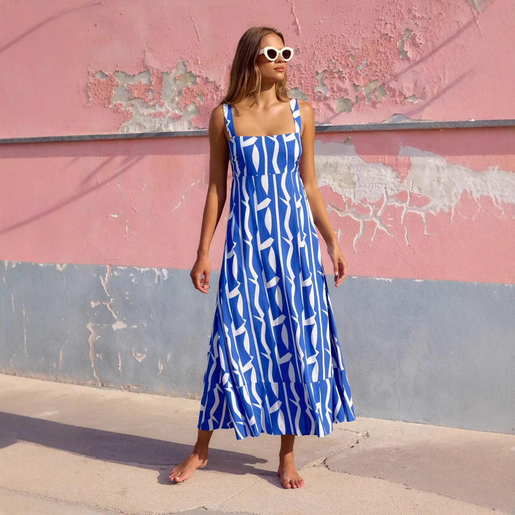 Summer Vacation French Spaghetti Strap Floral Print Maxi Dress