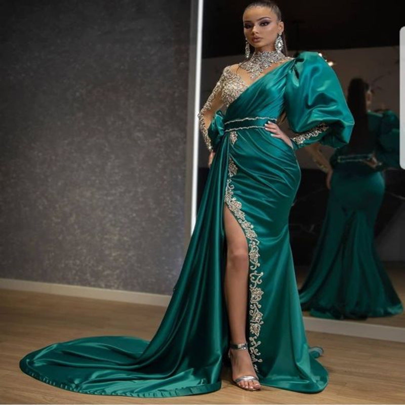 Cocktail Fishtail Gold Dress Host Stage Performance Model Small Trailing Slim Fit Elegant Evening Dress