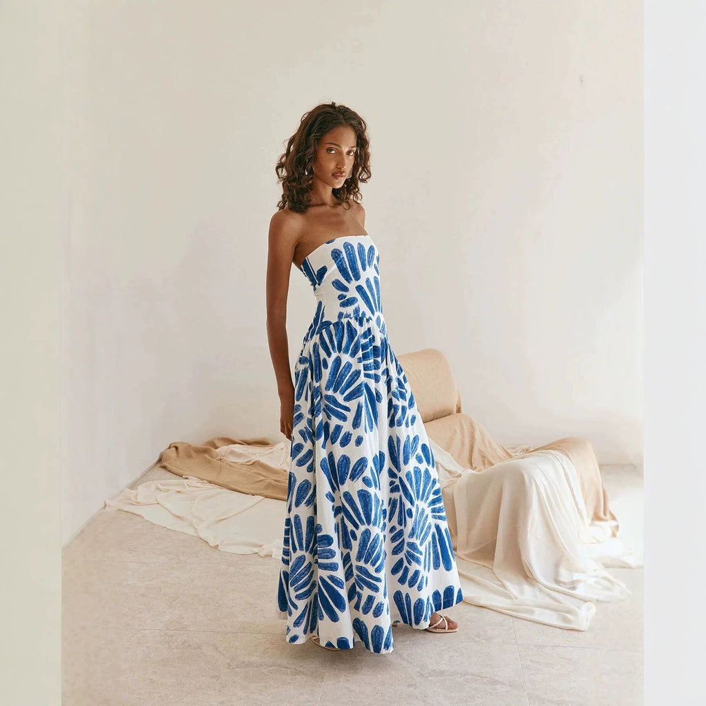 Robe longue femme imprimée, style bohème, enveloppante, bustier, coupe ajustée et sexy