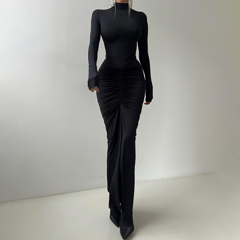 Robe d'automne élégante et cintrée à col roulé plissé et manches longues, couleur unie, pour femme