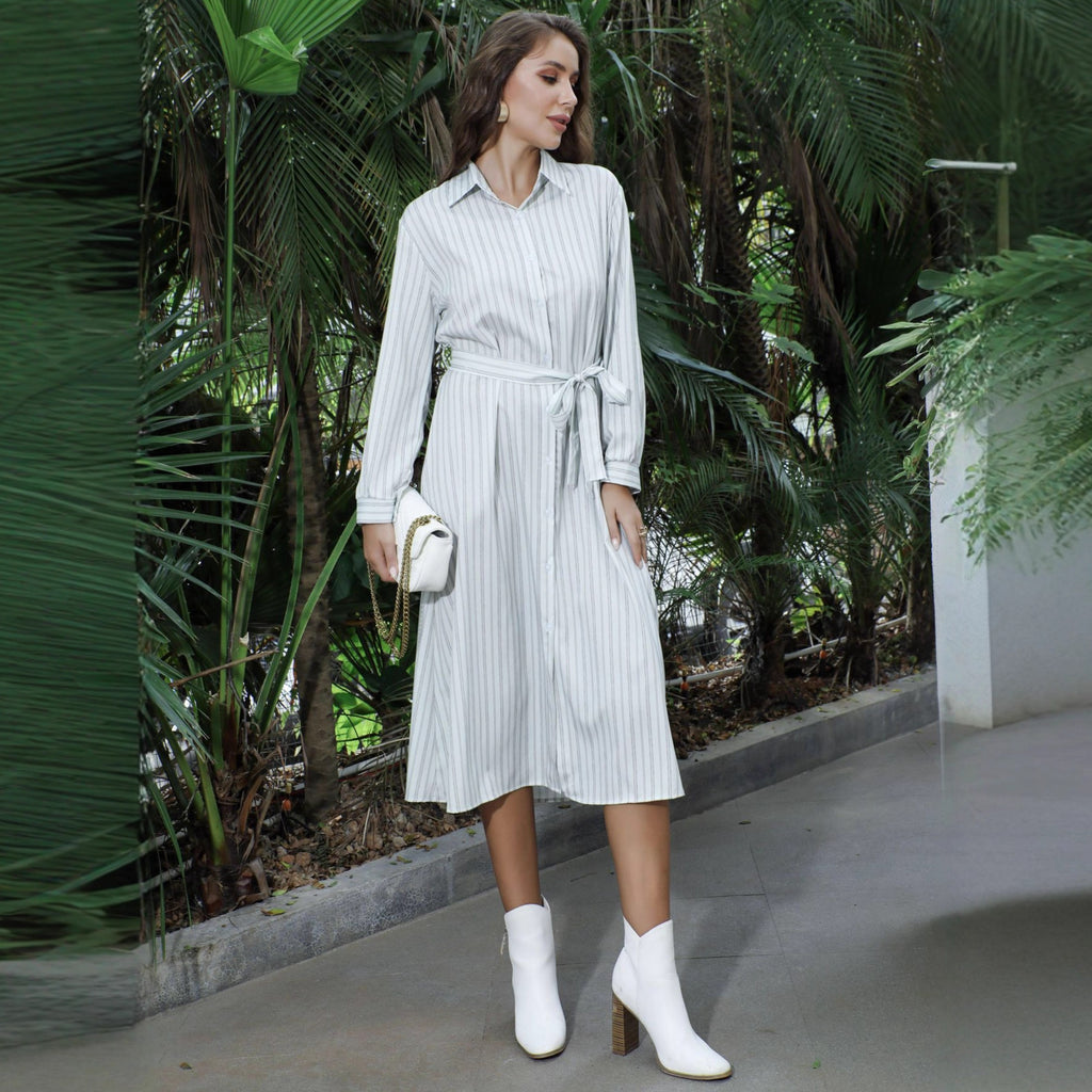 Chemise rayée à col et manches longues pour femme, style début d'automne, robe maxi de bureau Old Money pour femme