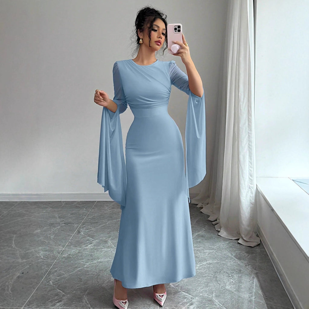 Vestido de cola de pez ajustado y sexy con mangas largas y malla con costuras de primavera
