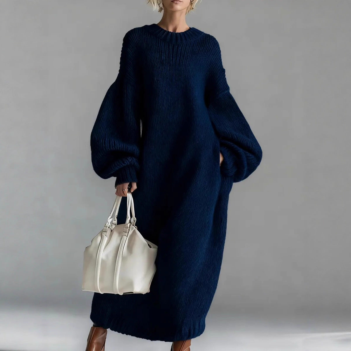 Vestido de punto largo de cuello redondo, manga farol suelta, para mujer