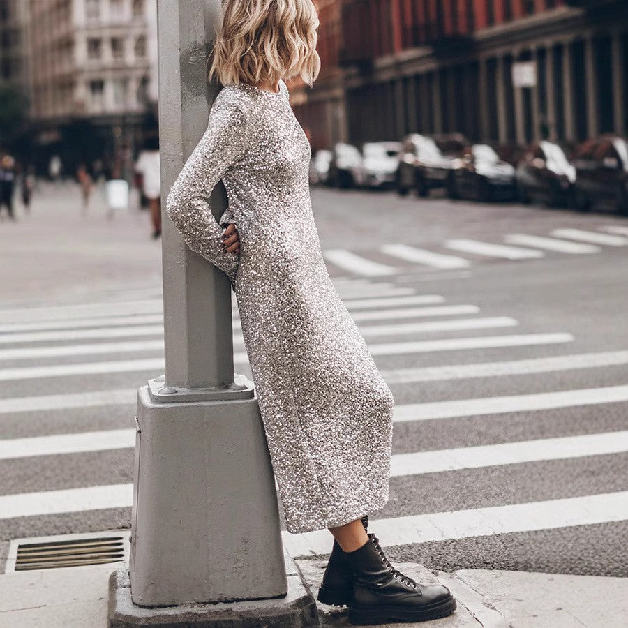 Robe longue à sequins simple, élégante et tendance, style urbain