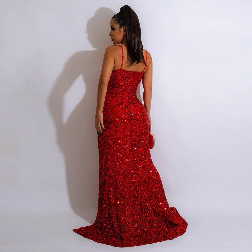 Women Clothing Sexy Spaghetti Straps Sleeveless Sequined Dress Split Dress