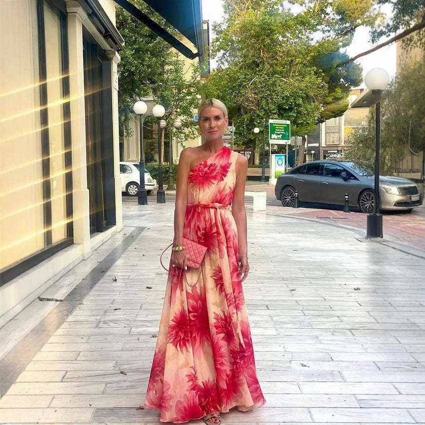 Vestido de verano con estampado de dobladillo ancho y cordones con cintura controlada para mujer