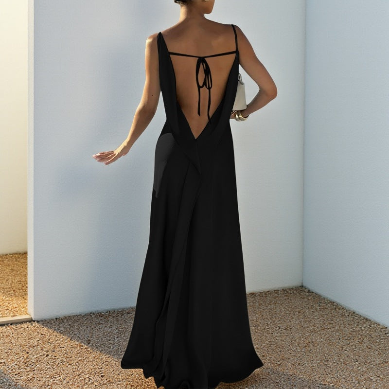 Summer Slim Fit Maxi Dress Autumn Casual Strap Satin Dress for Women