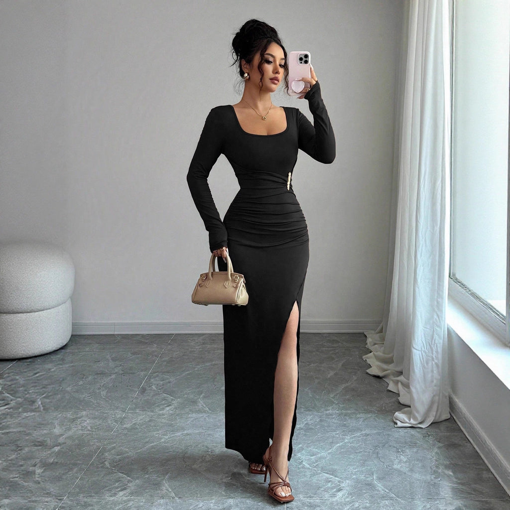 Spring U Collar Solid Color Slim Fit Slimming Knitted Long Sleeve Split Dress