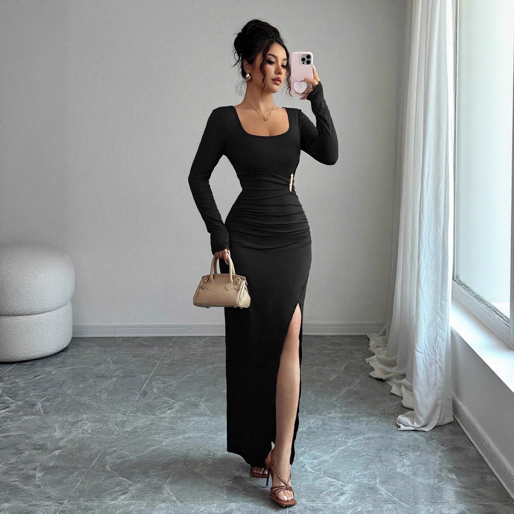 Spring U Collar Solid Color Slim Fit Slimming Knitted Long Sleeve Split Dress