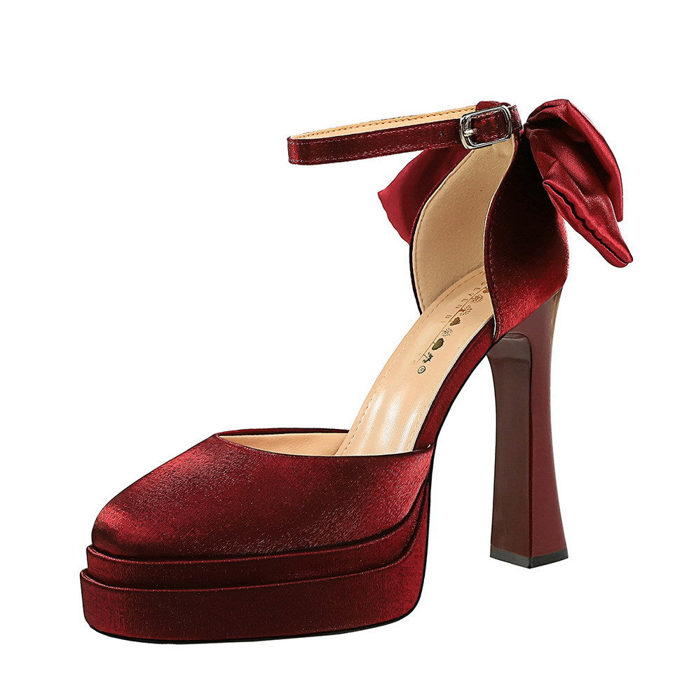 French Hollow Out Cutout Double Layer Waterproof Platform Heightened Ultra High Heel Chunky Heel Back Bow Buckle Sandals