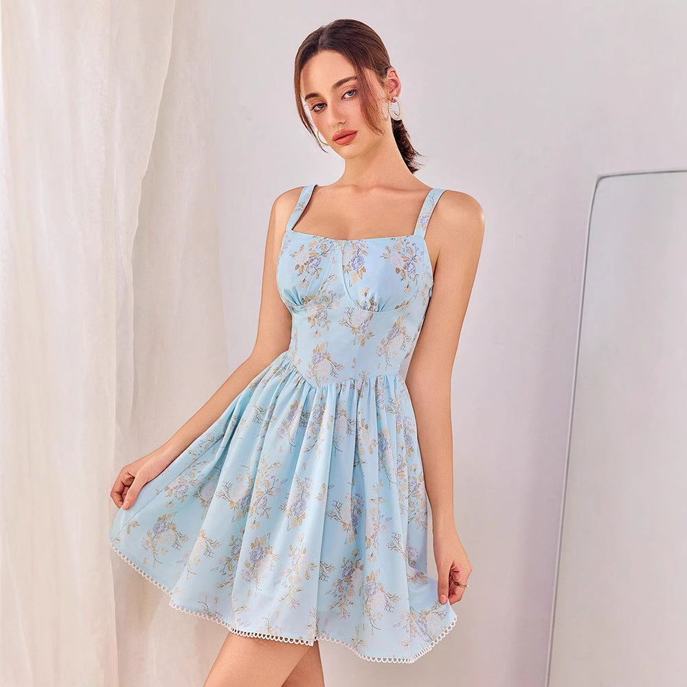 Robe sexy imprimée dos nu à bretelles pour femme, idéale pour les vacances à la mer, printemps-été.