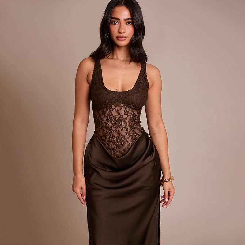 Robe sans manches sexy automne-hiver pour femme, avec dentelle et fente latérale.
