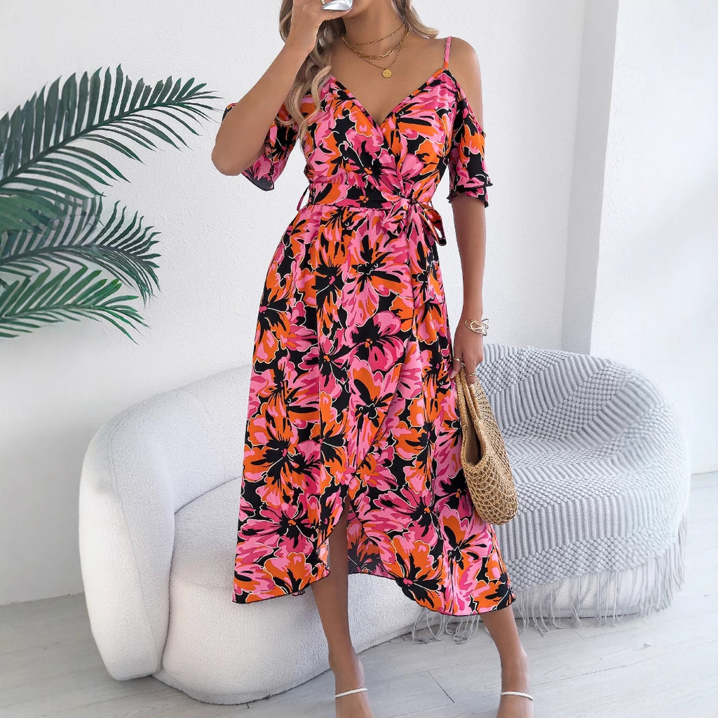 Spring Summer Strapless Cross V neck Floral Strap Dress Holiday Dress Women Clothing
