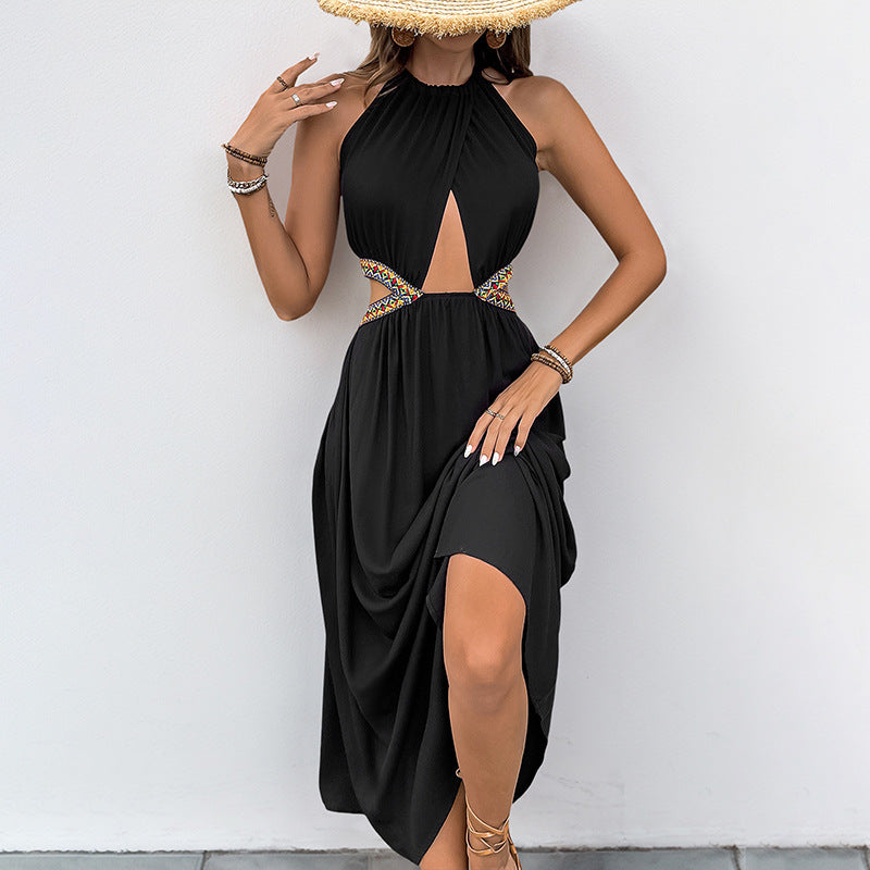 Women Casual Holiday Hollow Out Cutout Ethnic Webbing Decorative Stitching Dress
