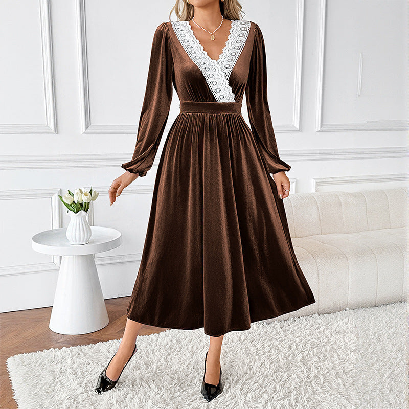 Autumn Winter Maxi Dress Stitching Lace V neck Long Sleeve Velvet Dress Women