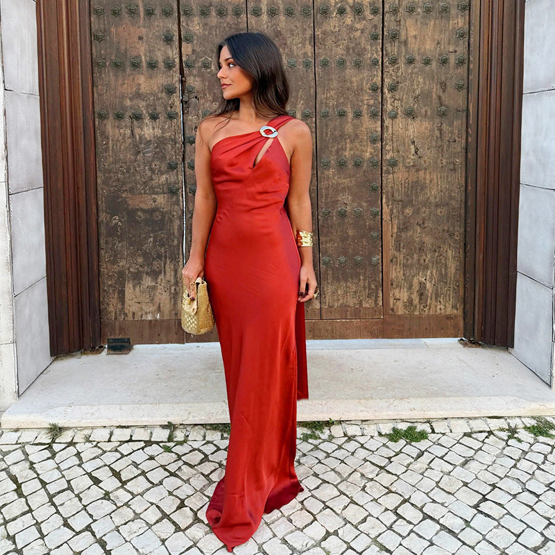 Sexy Slit Mesh Stitching One Shoulder Dress Maxi Dress Women Autumn Clothing