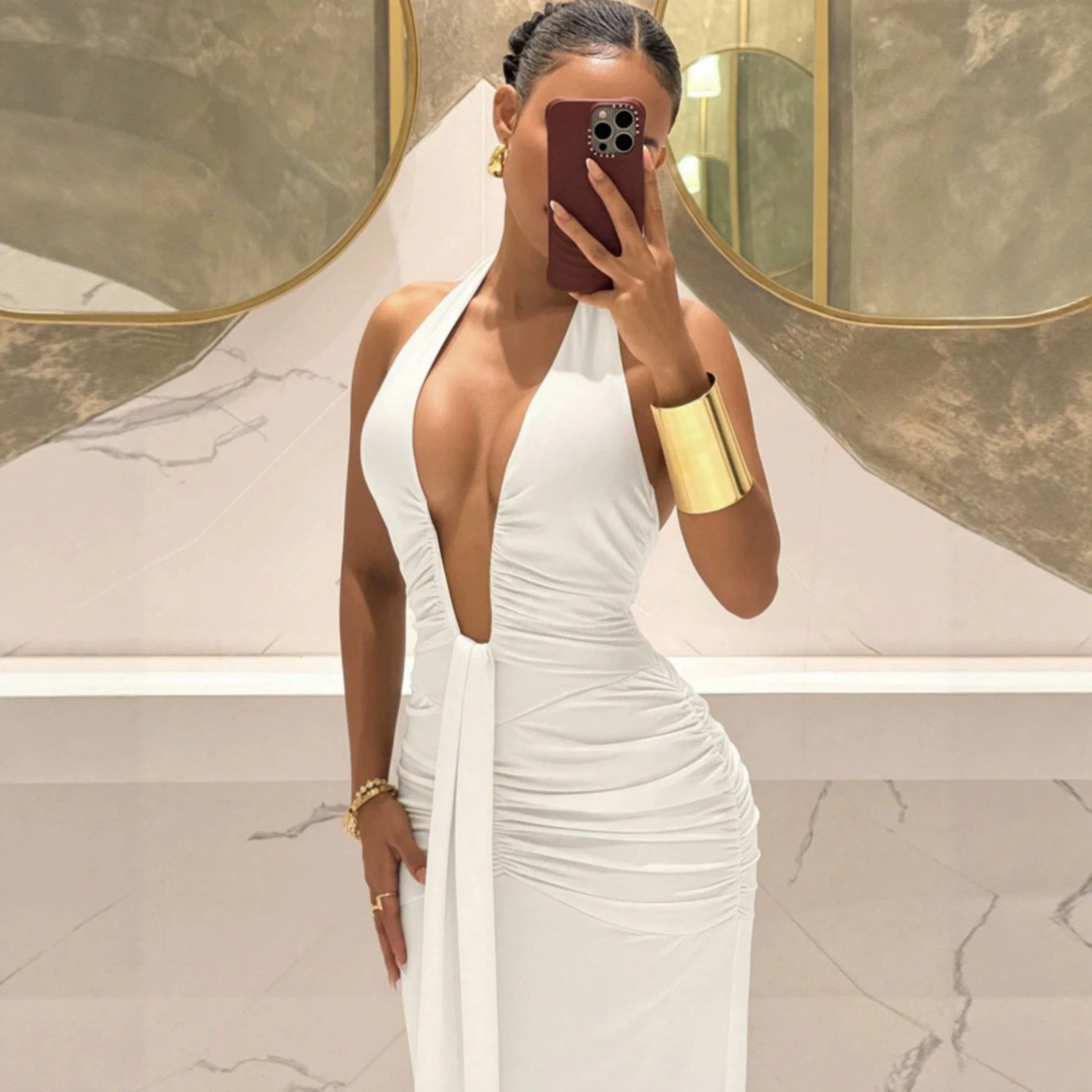 Women Halter Deep V Plunge Pleated Slim Fit Mopping Dress Slimming Sheath Fishtail Dress