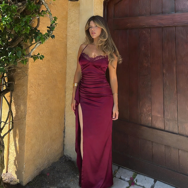 Cami Dress Pleated Waist Tight High Slit Slim Fit Sexy Party Formal Dress