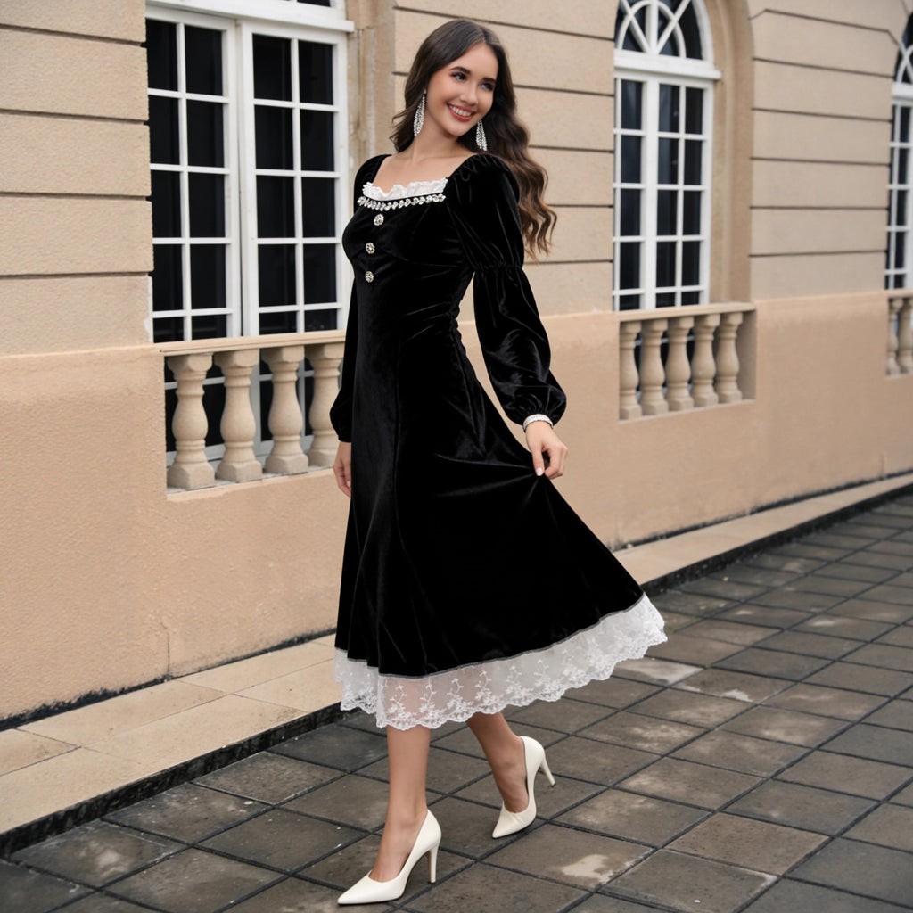 Robe longue élégante en velours noir Hepburn Wind pour femme, automne-hiver, cintrée à la taille.