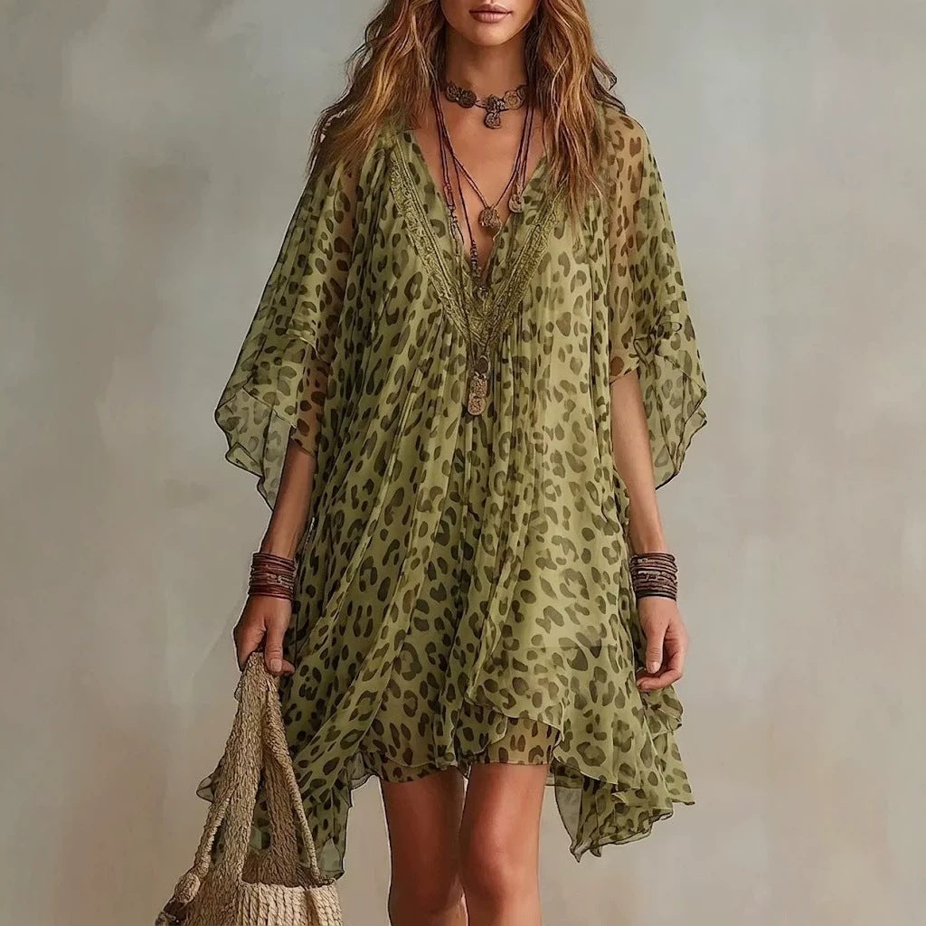 Summer Women Clothing V neck Chiffon Dress Seaside Vacation Loose Blouse Leopard Print Beach Dress