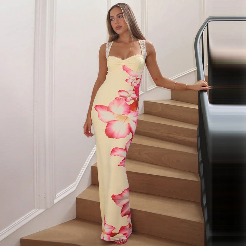 Vestido de verano con estampado floral, escote pronunciado y encaje, sin espalda y tirantes finos para mujer