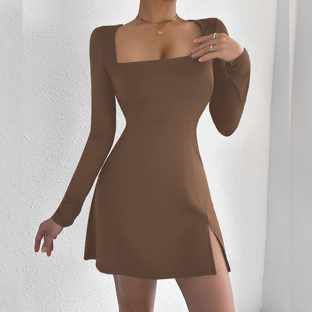 Women Clothing Square Collar Tight Long Sleeve Slit Flared Mini Sexy Dress