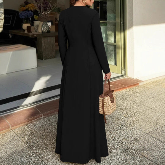 Women Clothing A line Dress round Neck Long Sleeve Zipper Pocket Maxi Dress Simple Elegant