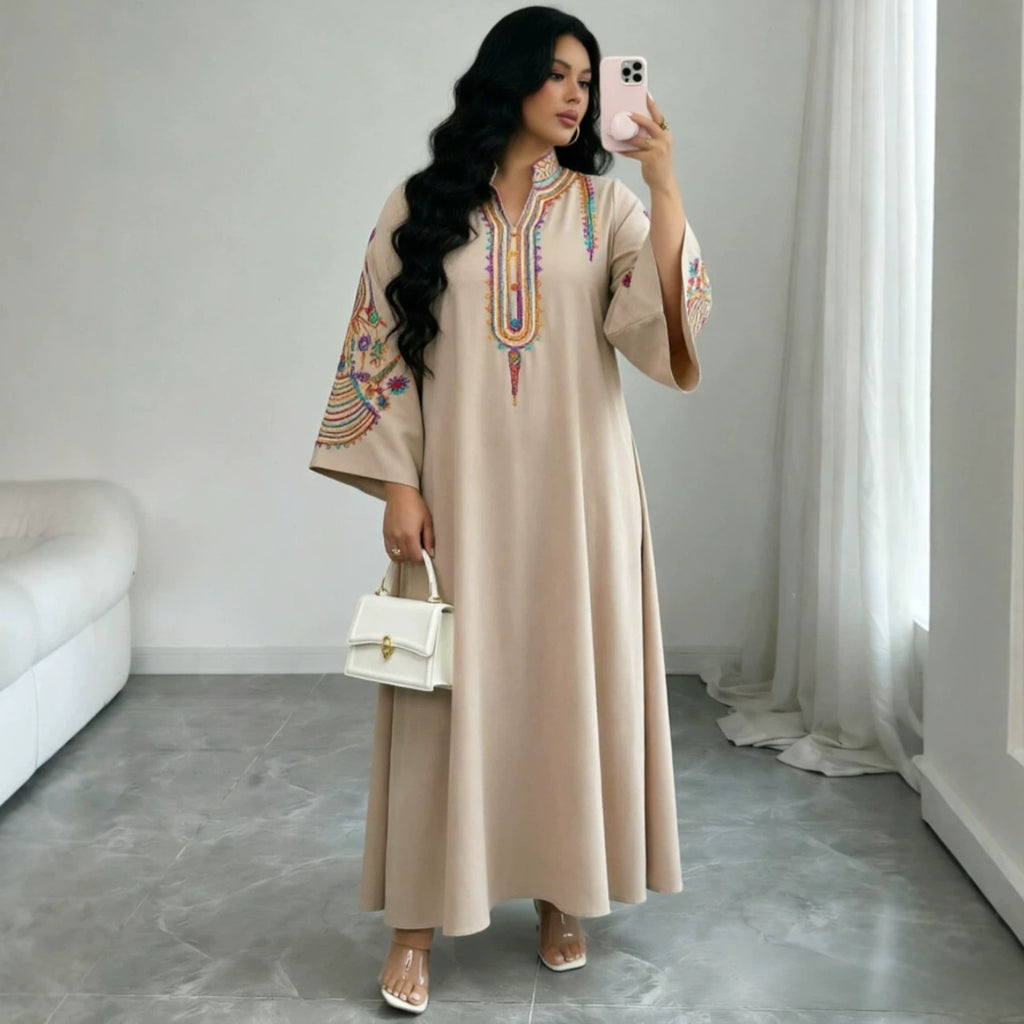 Ethnic Embroidered Pullover Dress Loose Robe Rope Embroidery Craft Women Clothing