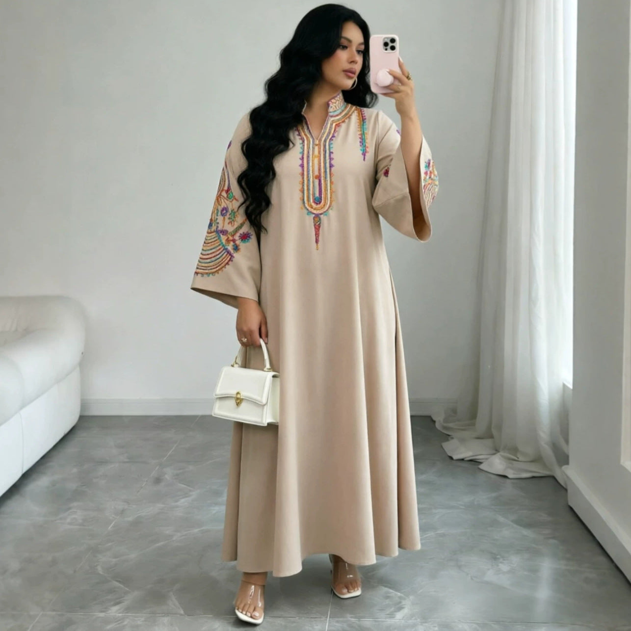 Ethnic Embroidered Pullover Dress Loose Robe Rope Embroidery Craft Women Clothing
