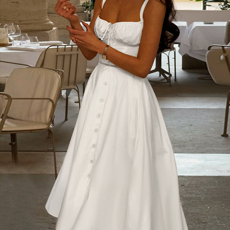 Vestido francés ajustado con escote en U, costuras, cordón ajustable y cintura sexy con recortes ajustados