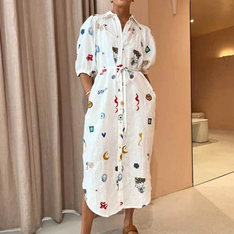 Autumn Winter Women Clothing Trend outside Pattern Print Collared Long Waist Controlled Lace Up Shirt Dress Women Amplified craft