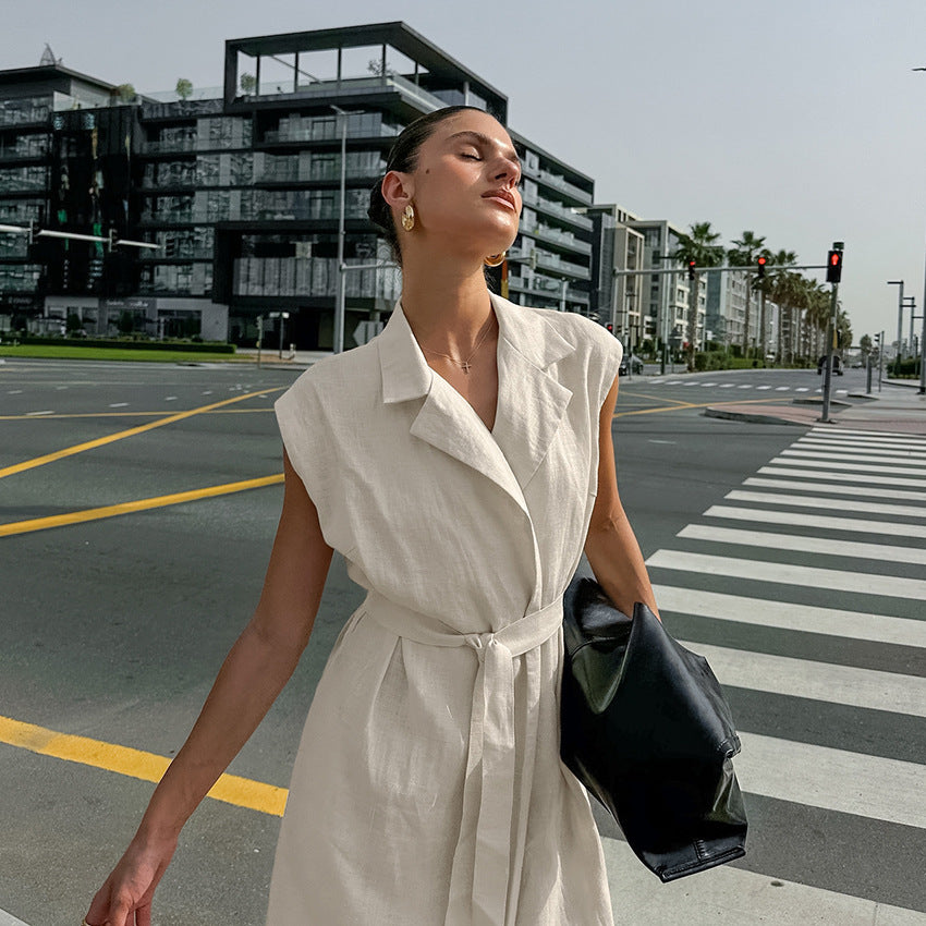 Women Cotton Linen Collar Belt Office Dress Spring Summer Dress