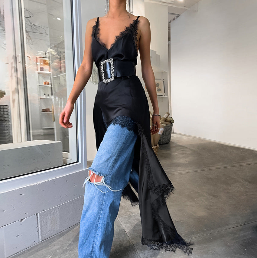 Vestido negro misterioso con escote en V y encaje sexy de verano, vestido con abertura rusa, ropa para mujer