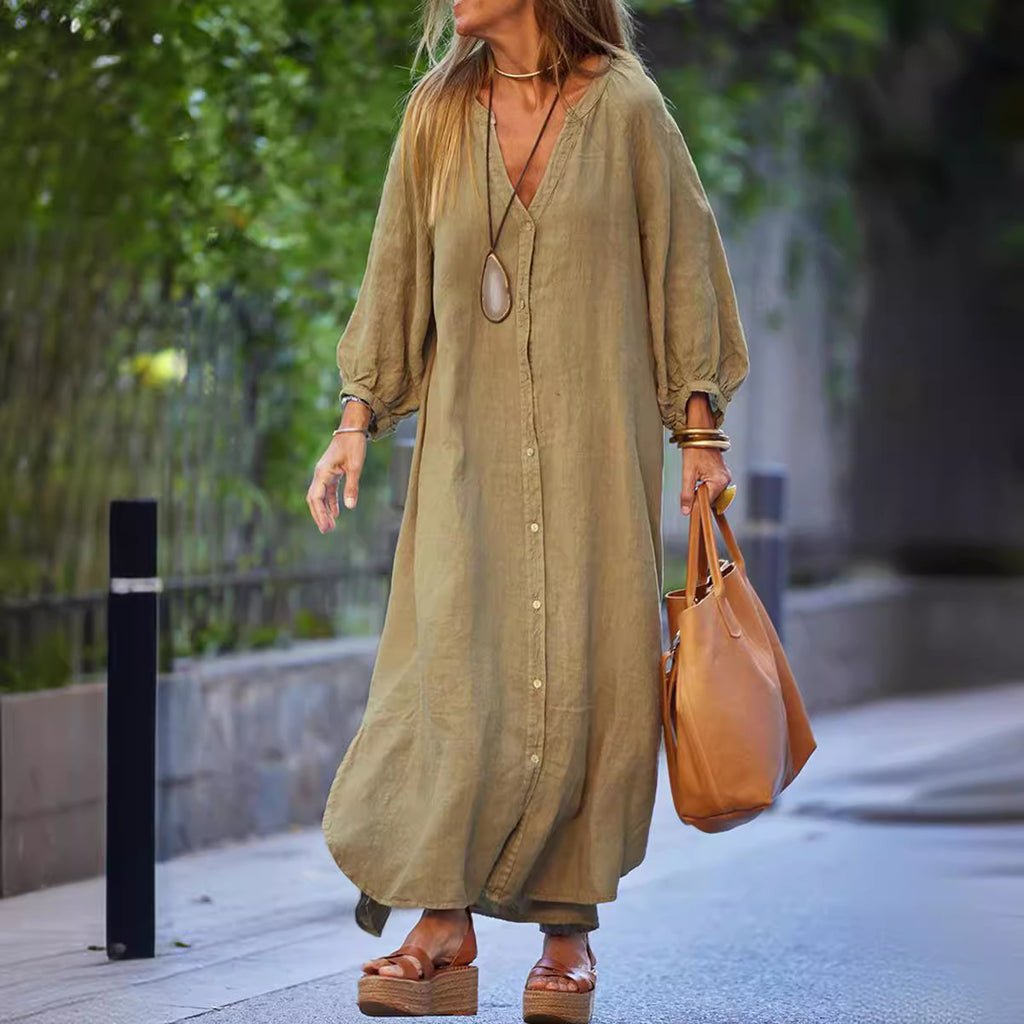 Autumn Winter Cotton Linen Shirt Casual Long Sleeve Cardigan Dress Women