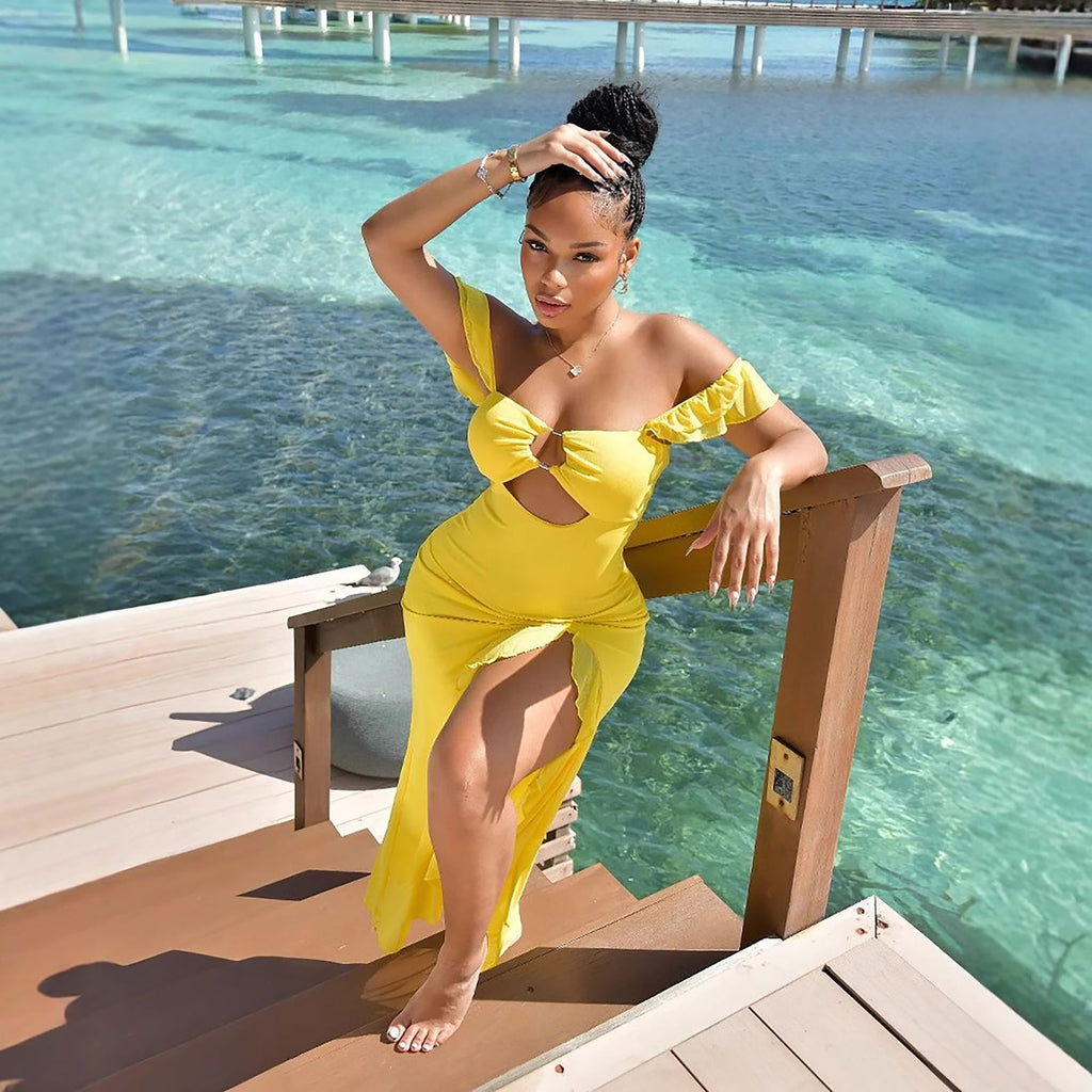 Robe d'été sexy pour femme, épaules dénudées, bustier, découpes ajourées, coupe ajustée et fendue