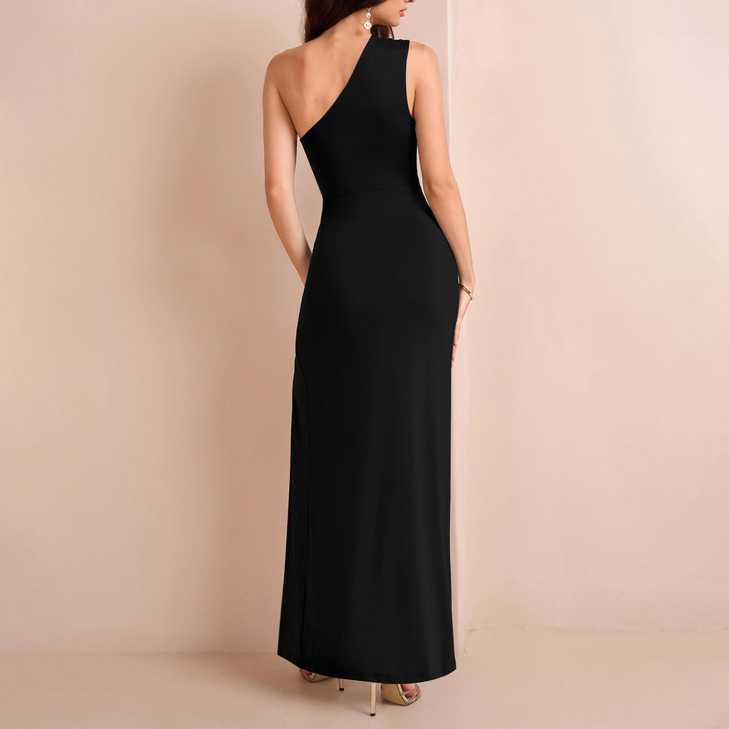 Robe élégante en soie de lait à épaules dénudées, fente haute sexy, coupe ajustée plissée, robe de soirée