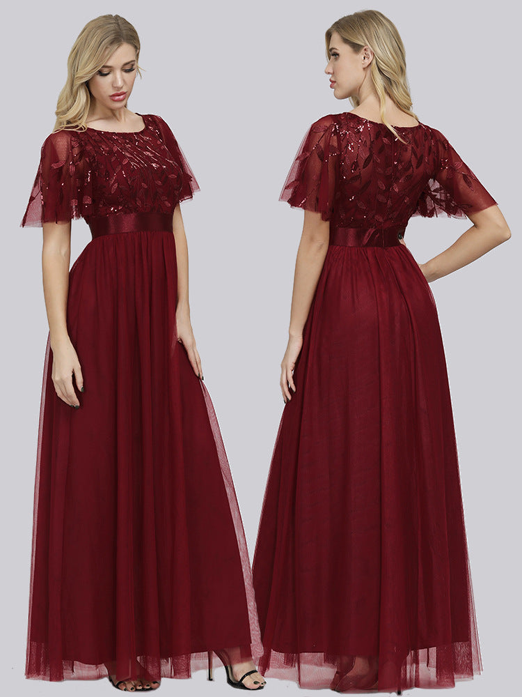 Autumn Stretch Waist Patchwork round Neck Party Big a Swing Evening Dress for Women