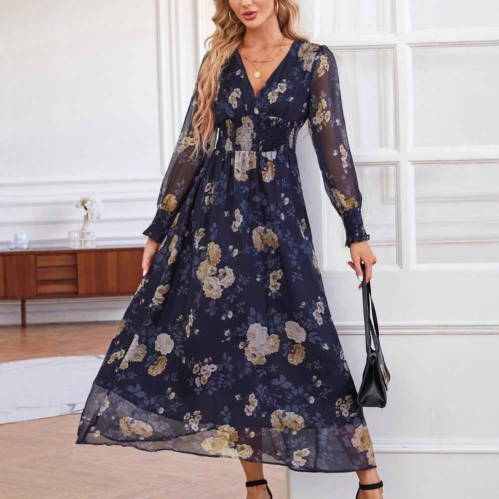 Vestido largo informal de otoño para mujer, estampado bohemio, escote en V profundo, manga larga, vestido de noche