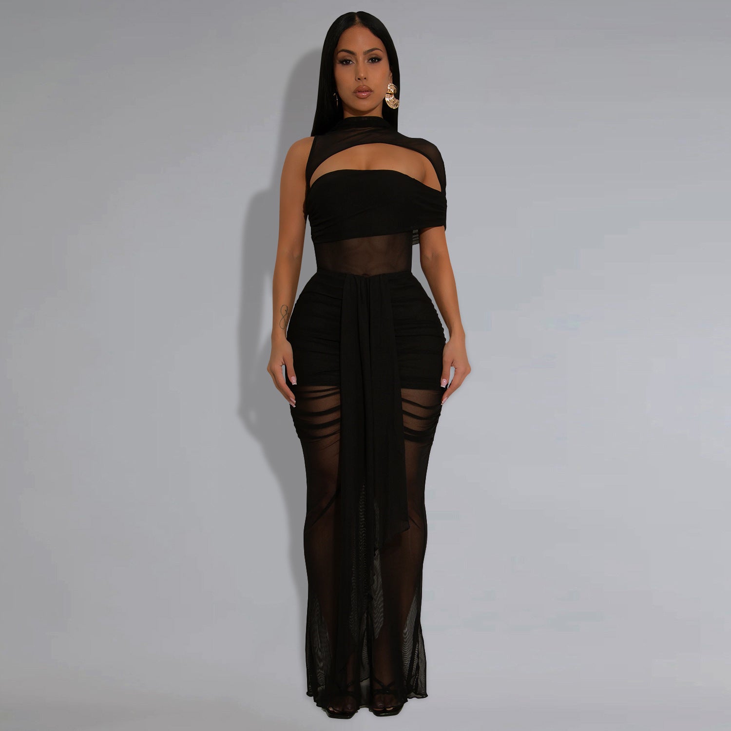 Robe sexy en résille transparente couvrant les bras pour femmes